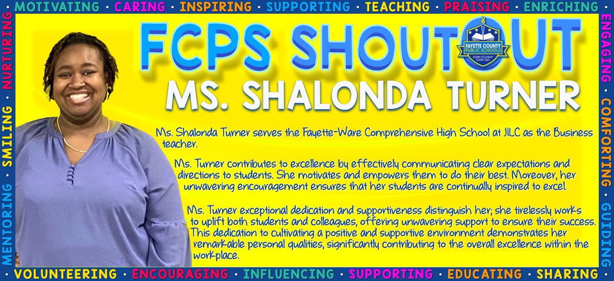 FCPSchoolsTN's tweet photo. Our first Employee of the Week is Ms. Shalonda Turner from JILC. Ms. Turner serves as Business teacher. She is dedicated, supportive, and works daily to support others and help them be the best they can be. Her encouragement encourages others to excel and reach for the stars! https://t.co/GisJLIIAWr