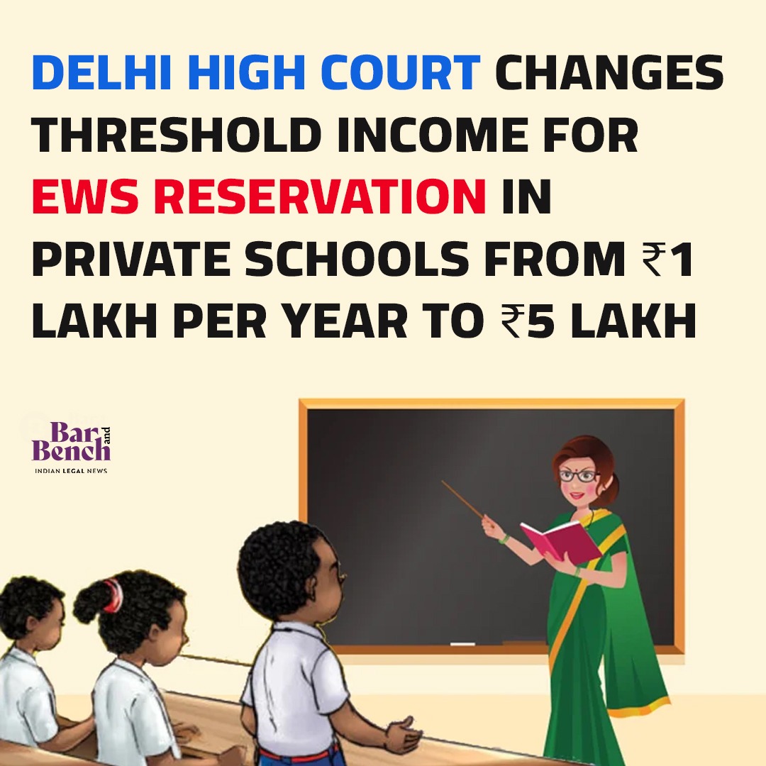 Delhi High Court changes threshold income for EWS reservation in private schools from ₹1 lakh per year to ₹5 lakh Read story here: tinyurl.com/mwkes7fz