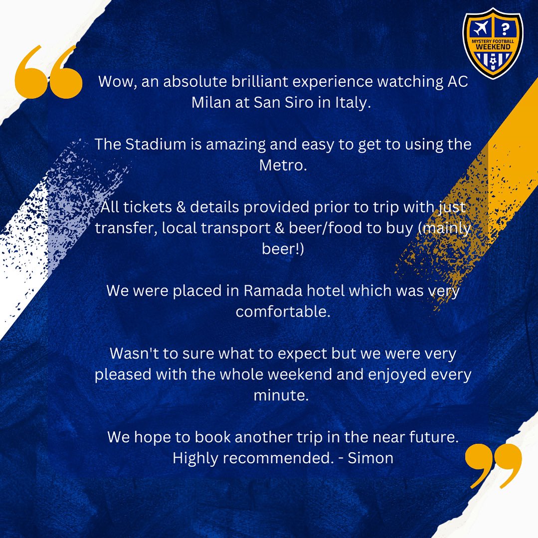 Another Mystery Football Weekend, another great review from our customers! 

We let our 100% 5 star Trust Pilot reviews do the talking 🫡⚽️✈️

uk.trustpilot.com/review/mystery…

#awaydays #europeanfootball #sansiro