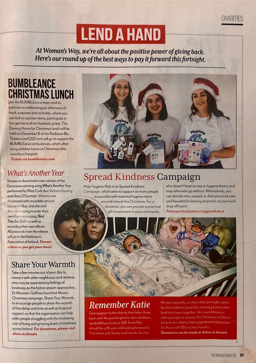 Massive thank you to @Womans_Way and @AndreaMarySmith for including @HygieneHubIre’s #SpreadKindness Christmas campaign in this week’s issue. See Hygienehub.ie for best ways to support 💙💚🤍 #HygienePoverty #Ireland