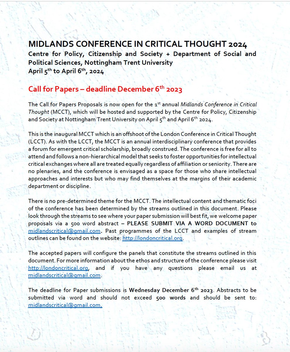 📢 Final call for papers - DEADLINE tomorrow 6th Dec! I've arranged a stream for the Midlands Conference in Critical Thought 4th-5th April 2024 @TrentUni - War, state harm & resistance Call for papers attached. 500 word abstracts to: midlandscritical@gmail.com Please share :)