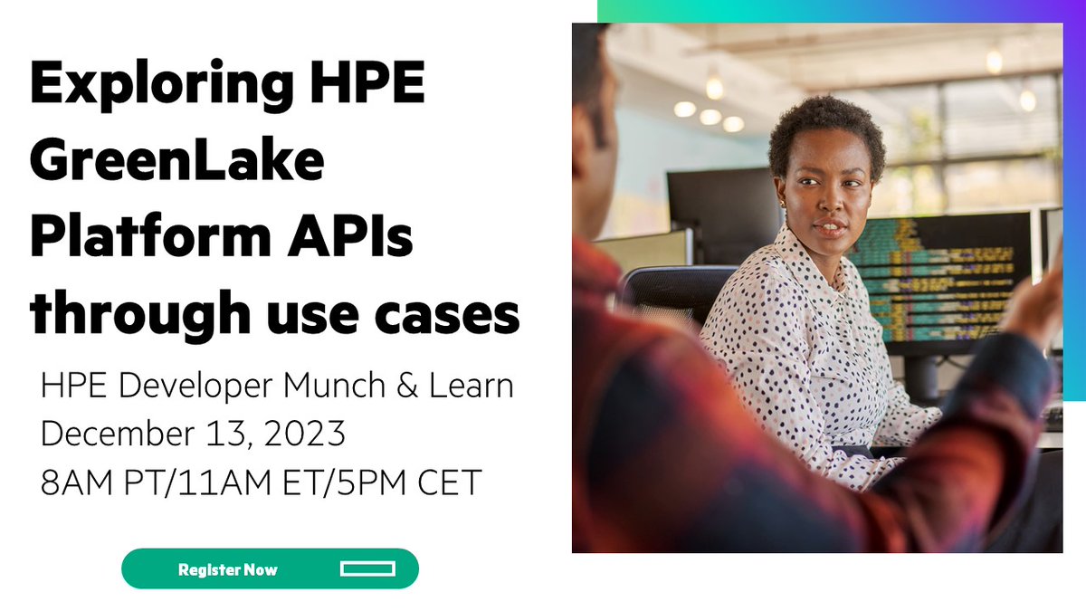HPE_Developer's tweet photo. Join the December 13 HPE Developer Munch &amp; Learn (8am PT/5pm CET) to explore working with the HPE GreenLake edge-to-cloud platform through its collection of RESTful APIs #HPEDEV https://t.co/Fg31Efo0Ku https://t.co/YljTkN68uF