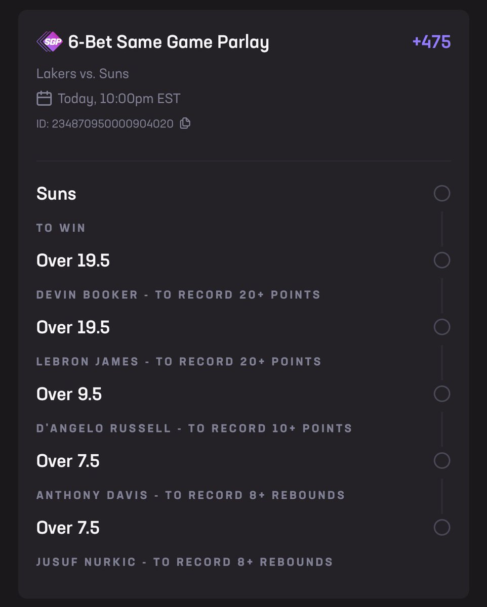 CeeBets's tweet photo. 🔒 Daily #NBA Parlay:

🏀 PHX vs LAL 6-LEG SGP (+475)

📈 All players except Booker (DNP L2 matchups) are over in their L2 matchups this season. 

📝 Close 1.5 point differential tonight, getting Suns at + odds in a matchup they can easily win tonight. Both are 1-1 this season vs each other in competitive games. Both games were without Booker. I’m confident PHX can secure coins for us today.

#NBAX
#GamblingX
#GamblingTwitter
#NBAParlays