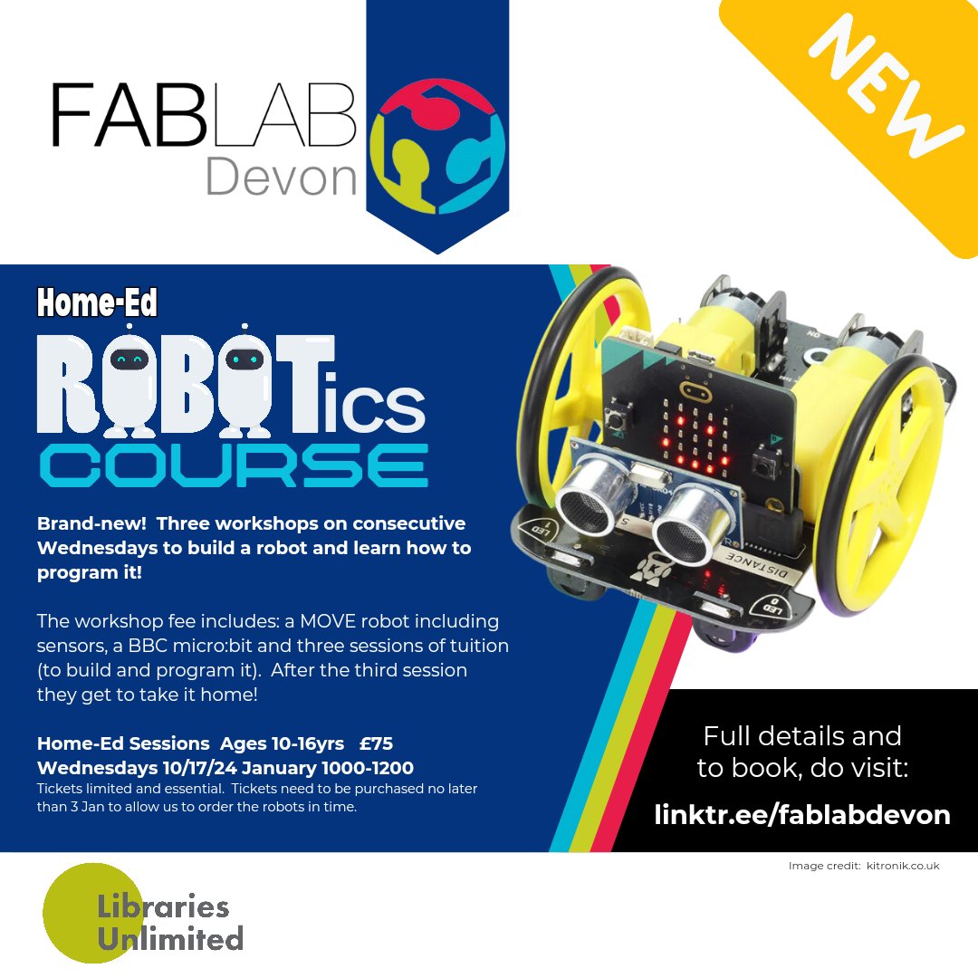 We have a brand new ROBOTics Course for Home-Ed children starting in January.  Do check out linktr.ee/fablabdevon