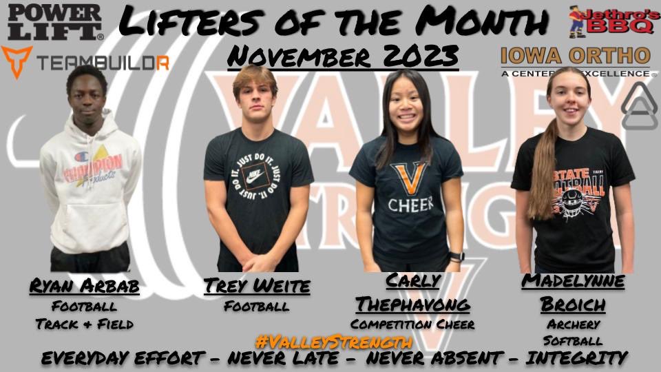 Congratulations to our Lifters of the Month for November 2023! These individuals display characteristics not only needed to excel in the weight room, but in life as well! Thank you for setting the example! #whosnext