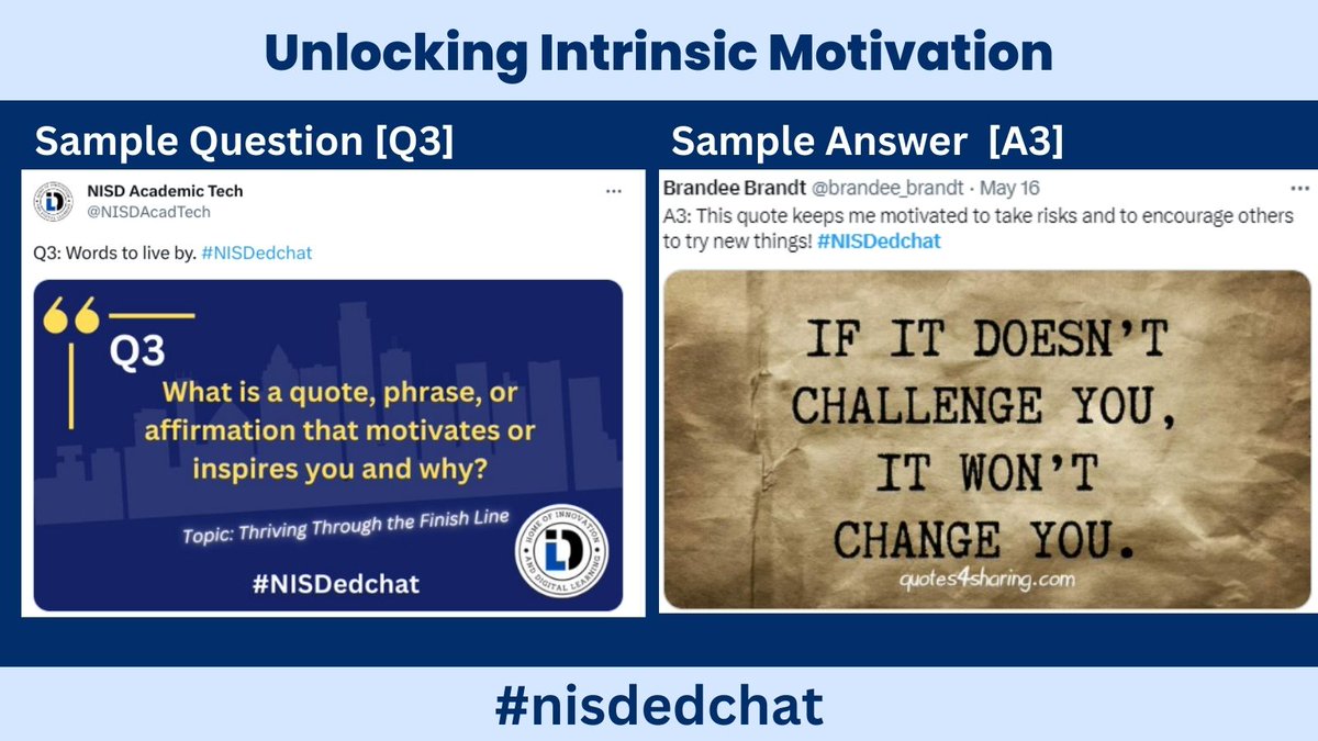 Did you know that you can earn 1 hour of Teacher Choice credit for actively participating in a #NISDedchat? The next #NISDedchat will be focused on 'Unlocking Intrinsic Motivation.' Not sure what an #nisdedchat is? Reach out to your #NISDcoach for support.  #NISDinnovate💡