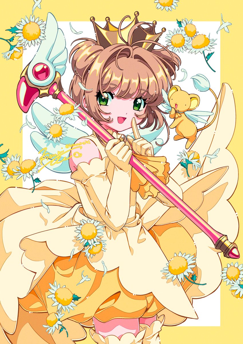 kero ,kinomoto sakura 1girl brown hair green eyes gloves flower elbow gloves dress  illustration images