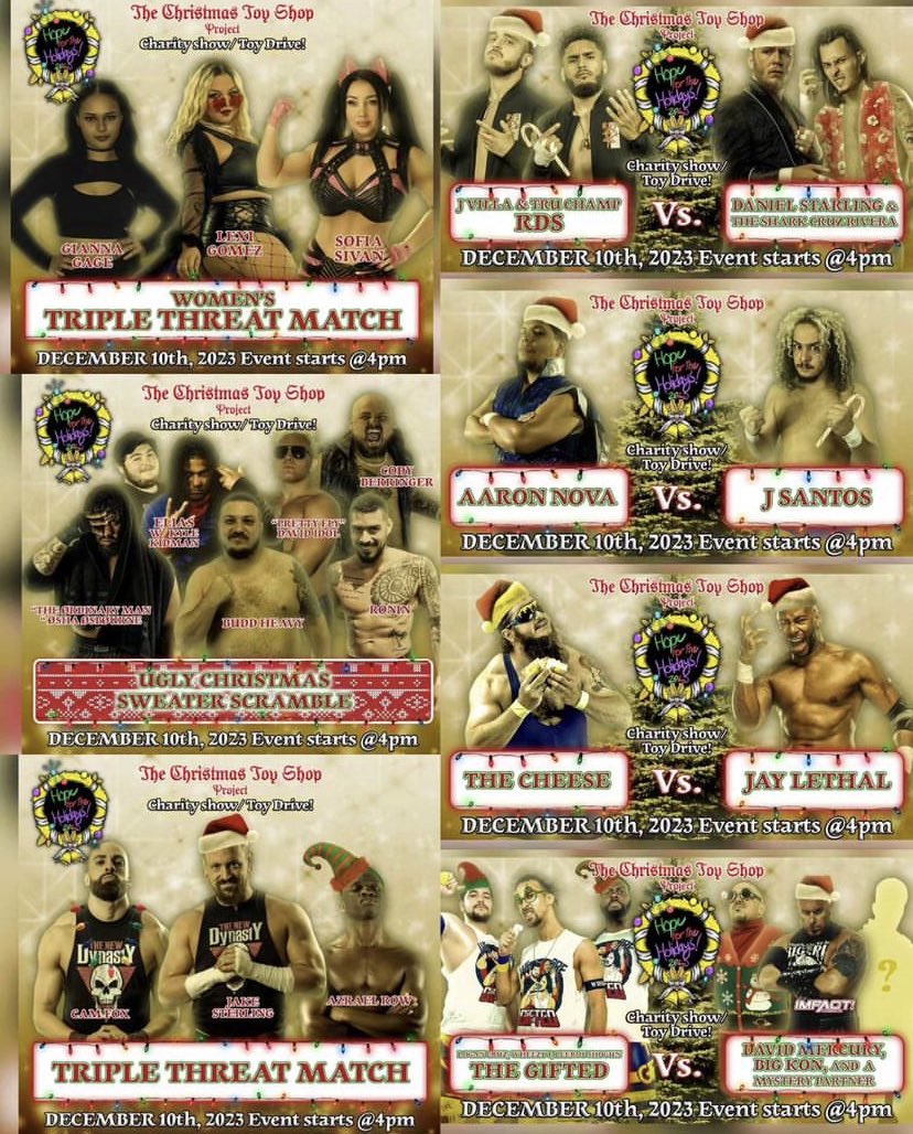 THE OFFICIAL LINE UP FOR #HOPEFORTHEHOLIDAYS2023 come see your favorite wrestlers this Sunday Dec 10th @ Cage Brewing for an evening of holiday fun! Bring a Toy or Donation, 100% of the proceeds benefit The Christmas Toy Project Inc! #Charity #ProWrestling #Christmas
