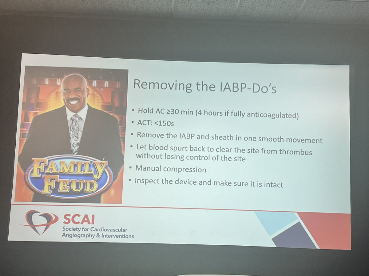 Fantastic @SCAI session on #IABP indications, troubleshooting & weaning - including🫀 “family feud” do’s/don’t’s for IABP removal w/Dr. @anna_bortnick. If #MCS escalation required for refractory #shock- can use 0.014” platinum plus/mailman wire, 0.018” or 0.025” wire for exchange