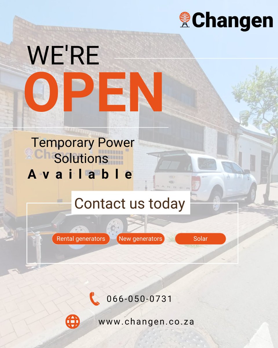 ChangenPower's tweet image. We remain open throughout December, as load shedding does not take a holiday. We have got you covered! 💡🎄 

𝗥𝗲𝗻𝘁𝗮𝗹 𝗴𝗲𝗻𝗲𝗿𝗮𝘁𝗼𝗿𝘀 | 𝗡𝗲𝘄 𝗴𝗲𝗻𝗲𝗿𝗮𝘁𝗼𝗿𝘀 | 𝗦𝗼𝗹𝗮𝗿 𝘀𝗼𝗹𝘂𝘁𝗶𝗼𝗻𝘀 
changen.co.za 

#Changen #rentalpower #generators #solarpower