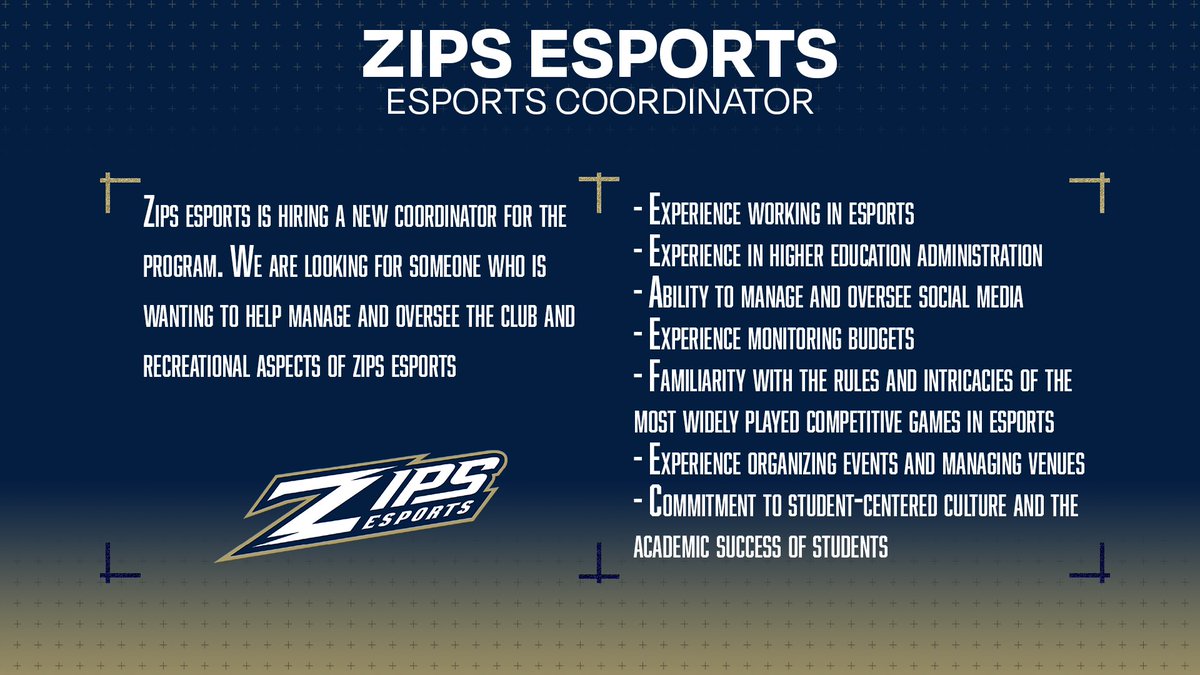 JOB OPPORTUNITY!!

We are hiring a 𝐍𝐞𝐰 𝐄𝐬𝐩𝐨𝐫𝐭𝐬 𝐂𝐨𝐨𝐫𝐝𝐢𝐧𝐚𝐭𝐨𝐫 here at the University of Akron! We are looking for someone who is interested in helping build and grow the gaming and esports community here at UA! Apply in the link below

🔗bit.ly/zecoordinator