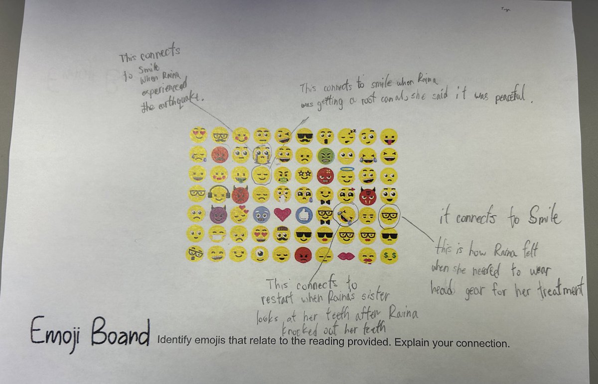 MsBowyersClass's tweet photo. We are learning to make connections in our reading. We are learning to use examples from the text and expand on the idea by answering the “why”. We practiced this by making connections to emojis! @GlenDhuPS https://t.co/EDgg5oINMQ