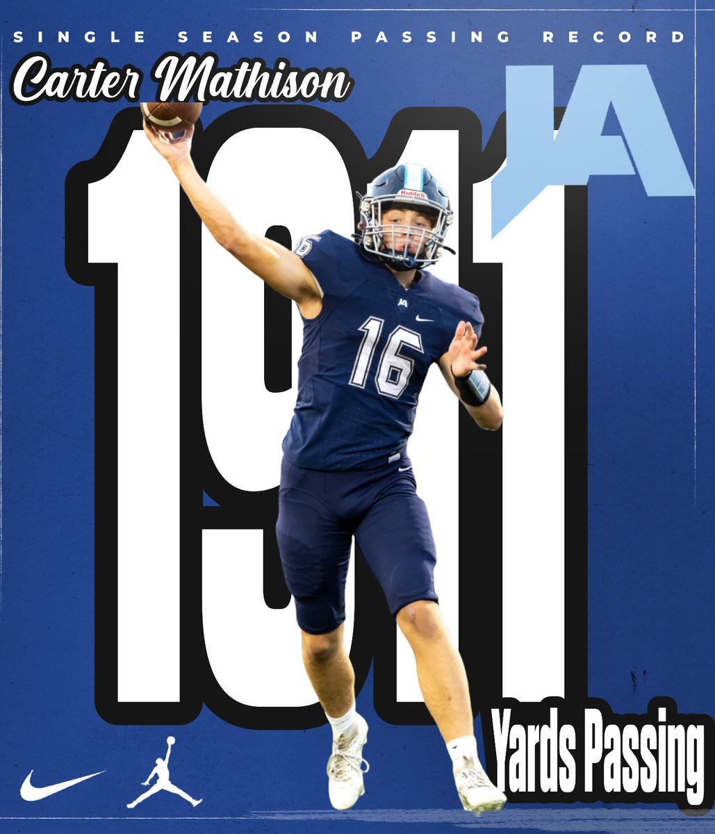 JARaiderFB's tweet photo. This football season, Sophomore Quarterback Carter Mathison, set the single season passing record for Jackson Academy with 1,911 yards through the air. #OC1M #RecruitTheBlue #WeAreJA https://t.co/vw9dRT188e