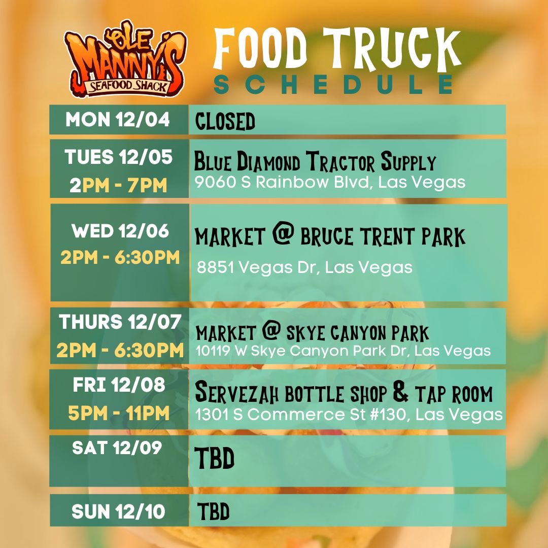 Check out our schedule this week. If you are in Las Vegas come by for the best tacos and ceviche in town!!!!