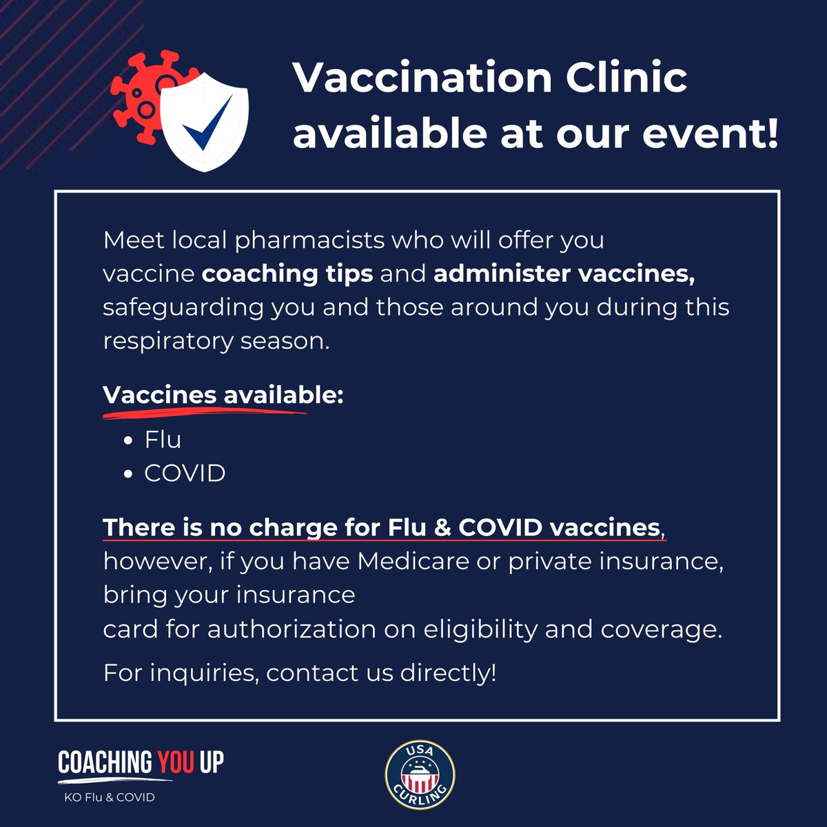 We are partnering with USA Curling by offering a vaccination clinic this Saturday at the club during our Embassy Row bonspiel.

The clinic will be on Saturday 12/9 from 11AM - 7PM in our warm room.  There will be a pharmacist on site.