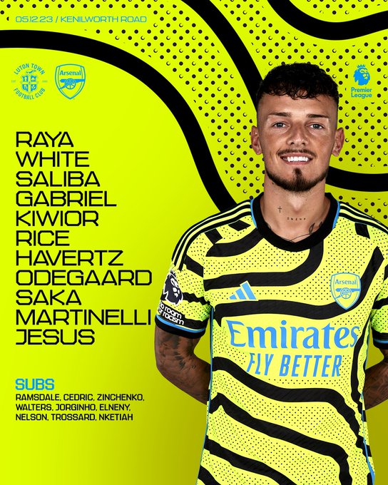 Starting XI: Raya, White, Saliba, Gabriel, Kiwior, Rice, Havertz, Odegaard, Saka, Martinelli, Jesus

Substitutes: Ramsdale, Cedric, Zinchenko, Walters, Jorginho, Elneny, Nelson, Trossard, Nketiah
