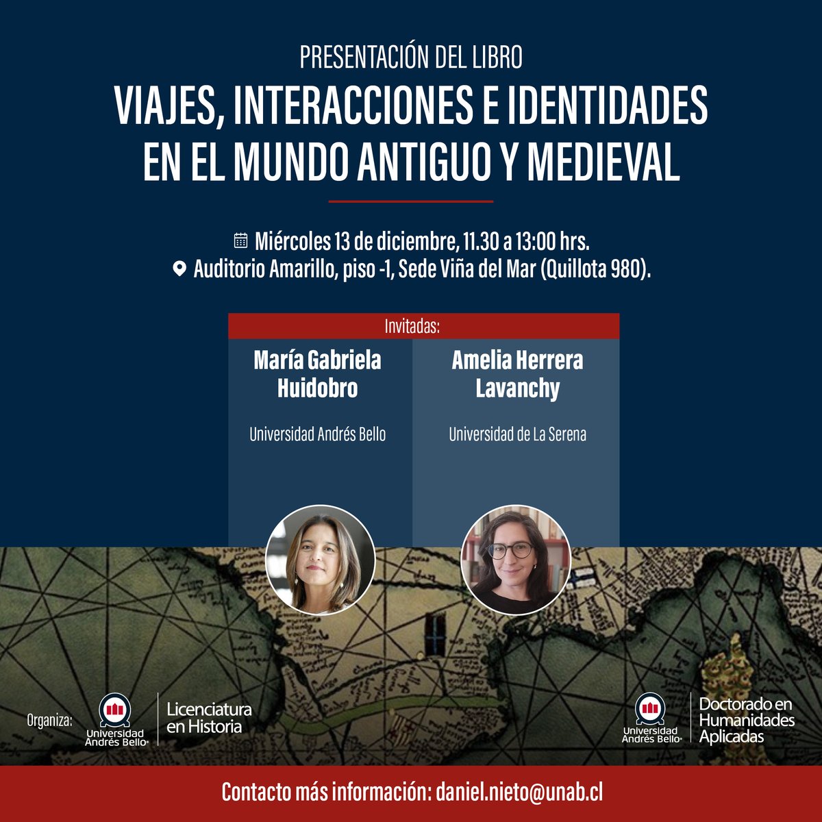 pabcastroh's tweet photo. Presentación del libro "Viajes, interacciones e identidades en el mundo antiguo y medieval", que se realizará el miércoles 13 de diciembre en la UNAB (sede de Viña del Mar). ¡Quedan todos/as cordialmente invitados/as para ese día! https://t.co/Wh2LO6X9nL