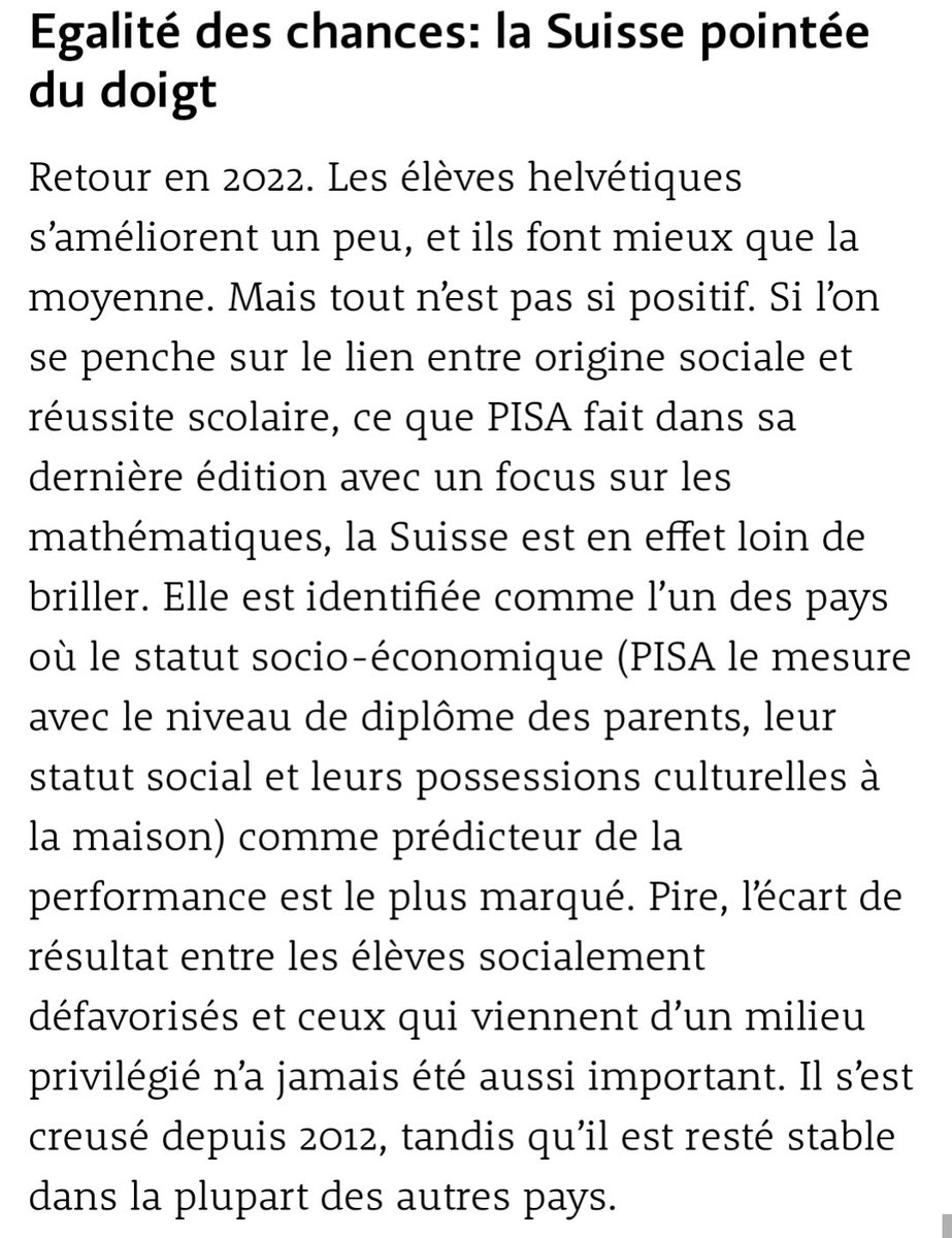 Les gros titres des médias et les responsables politiques se félicitent de la 8e place de la Suisse à l'enquête #PISA... Mais à quel prix? Peut-on se réjouir d'un système éducatif qui est l'un des plus inégalitaires de l'OCDE et qui l'est de plus en plus? #Urgencesociale