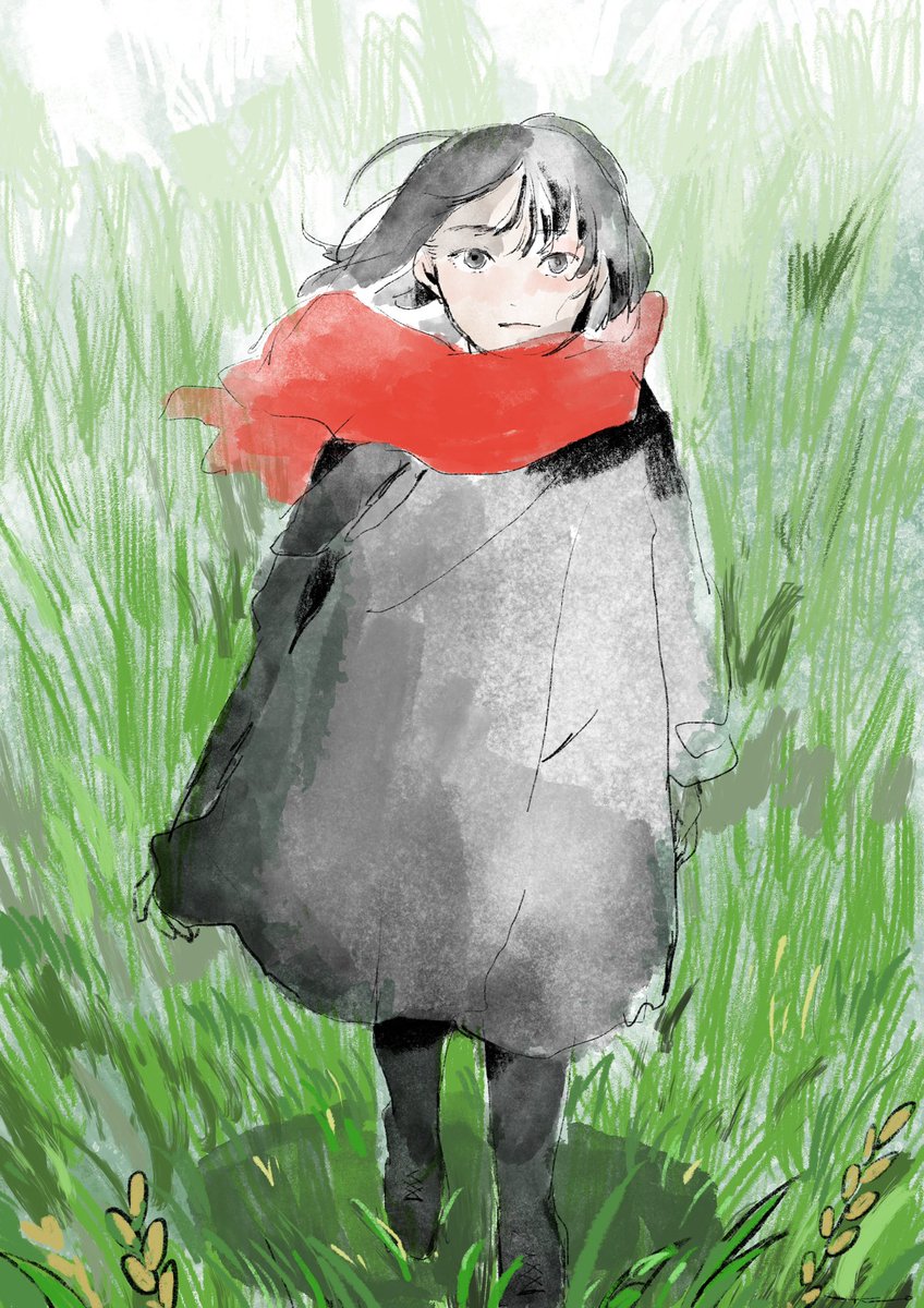 1girl solo grass scarf red scarf black hair looking at viewer  illustration images