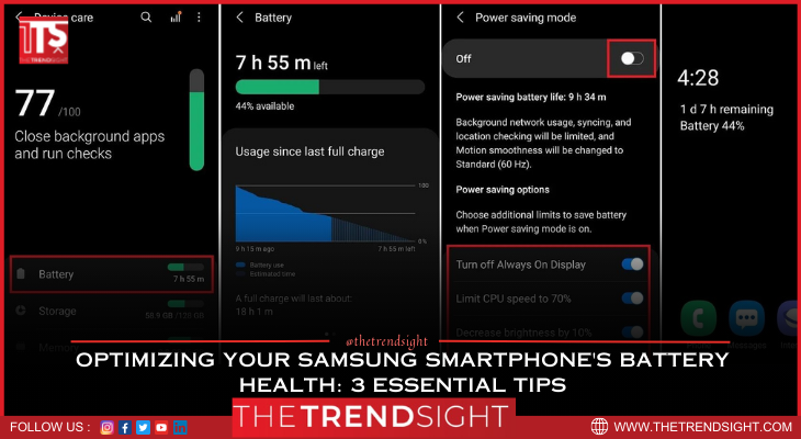 thetrendsight's tweet photo. "Maximize Samsung phone battery life: Limit charging to 85%, disable fast charging, optimize app usage for prolonged performance."

https://t.co/AuQHuK0BaC

#tts #maximum #samsung #charge https://t.co/XI2B0TPaUw