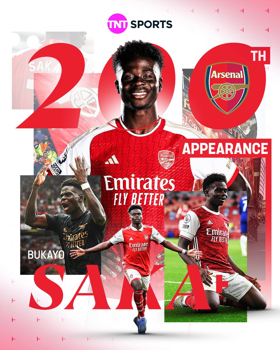 footballontnt's tweet photo. At just 22 years old, Bukayo Saka will make his 200th Arsenal appearance against Luton this evening! 🔥
200 games 🏟
46 goals ⚽️
50 assists 🪄
Starboy ⭐️ https://t.co/8Qy9kT5lS1
