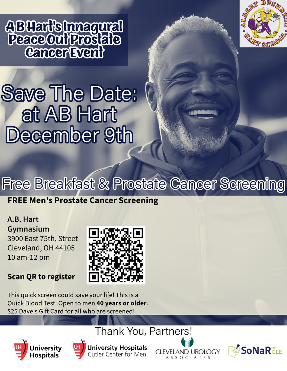This Saturday, 12/9, find us at Albert Bushnell Hart PreK-8 School from 10:00 am (ET) - noon for the school's inaugural Peace Out Prostate Cancer event. Proud to partner and bring free #prostatecancer screenings to Cleveland's Slavic Village neighborhood!