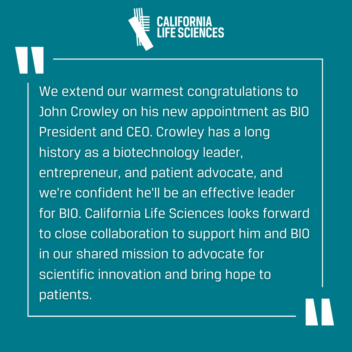 California Life Sciences (CLS) (@califesciences) on Twitter photo NEW: California Life Sciences President & CEO Mike Guerra's statement on <a href="/IAmBiotech/">Biotechnology Innovation Organization</a>'s newly appointed CEO John Crowley 👇
Learn more: bit.ly/3R3t9dc NEW: California Life Sciences President & CEO Mike Guerra's statement on <a href="/IAmBiotech/">Biotechnology Innovation Organization</a>'s newly appointed CEO John Crowley 👇
Learn more: bit.ly/3R3t9dc