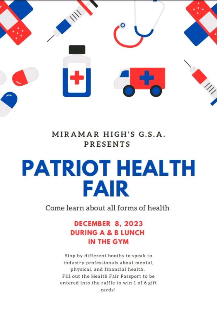 I am excited to announce our first annual Miramar High School Health Fair this Friday, December 8th, during A and B lunch. <a href="/GArencibia25/">Gloria Arencibia</a> <a href="/Mh_culinary/">MHSculinary</a>