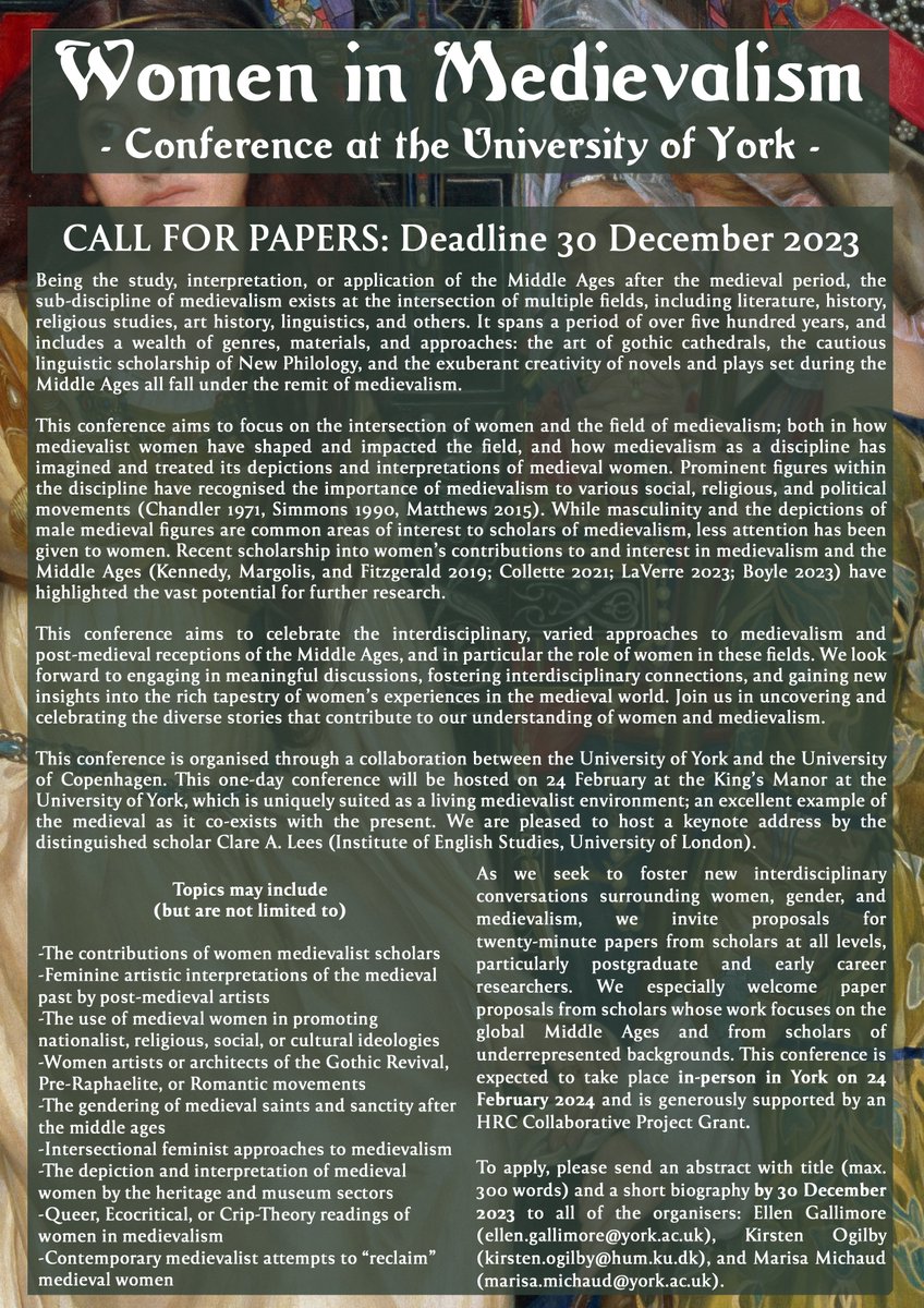 Some absolutely delightful friends of mine (who are not on Twitter) are organising a conference on 'Women in Medievalism' <a href="/yorkmedieval/">York CMS</a>  (and I'm helping!).

So, Behold! A CFP! Send us your abstracts by 30 Dec. and join us for a generative day of medievalisms in York.