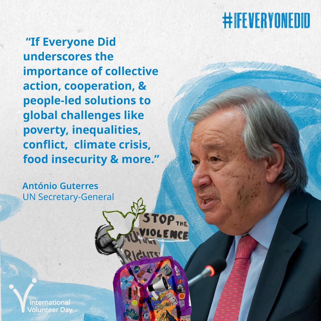 'Our own @UNVolunteers hail from more than 1⃣6⃣0⃣ countries, helping to spur peace and sustainable development, and the realization of human rights, for people around the world. Let’s stand with #volunteers, everywhere.' @antonioguterres on #IVD2023 🔗unv.org/pressrelease/i…