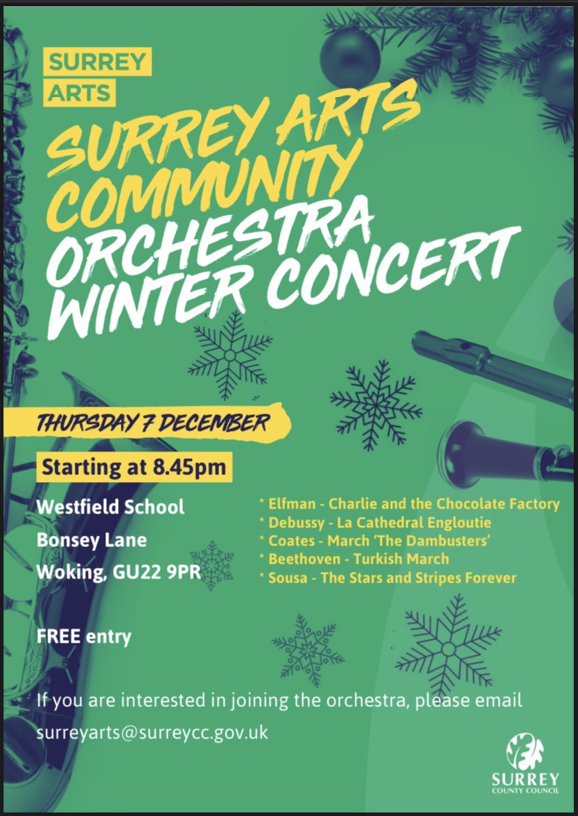 It’s not every day you get to see a 47 piece orchestra for free, but you can this Thursday in Woking! 

Thurs 7 December - 8.45pm - Westfield School, Bonsey Lane. 

<a href="/surrey_arts/">Surrey Arts</a> <a href="/SurreyMusicHub/">Surrey Music Hub</a> <a href="/CelebrateWoking/">Celebrate Woking</a> <a href="/WokingLibDems/">Woking Lib Dems</a> <a href="/WokingGreens/">Woking Green Party💚🌍</a> <a href="/VisitWoking/">Visit Woking</a>