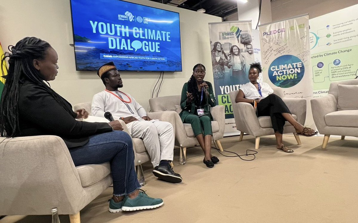 UNDPAfrica's tweet photo. Yes, #African youth have spoken! 

@UNDP &amp; @afriwocc_ youth climate dialogue at #COP28 offered a platform for young people from across the continent to share innovative ideas to advance #ClimateAction.

Indeed, the journey towards a greener #FutureIsPossible in #Africa. https://t.co/l0Jetjfc3T