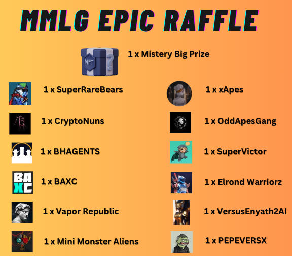 📣 MMLG EPIC NFT RAFFLE ‼️ 🌽

🇷🇴Ce trebuie sa faci?

1️⃣ Cumpara 1.000.000 $MMLG
swap.onedex.app/swap?firstToke…
2️⃣ Trimite walletul de pe care ai facut tranzactia aici:
forms.gle/iUXp3nSTQ8MRJn…
3️⃣ Tine $MMLG pana la finalul concursului
4️⃣ Castiga un bilet la tombola

🎁 Premii: 13 NFTs
