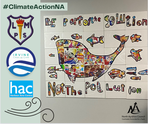 North_Ayrshire's tweet photo. A powerful message from talented pupils at @LoudounMontPSEY who teamed up with @IrvineBeach Clean Up Crew, @HACIrvine and artist Lynn McNally to create their own #climatechange awareness artwork using recycled litter. Wow!  #ClimateActionNA https://t.co/wUWKGmeqSi