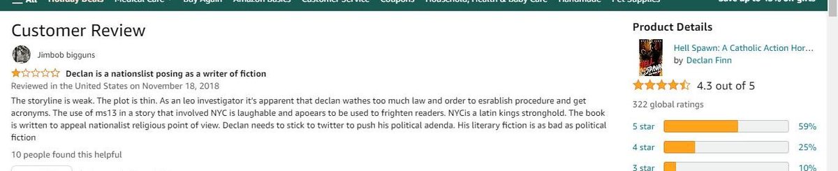 DeclanFinnBooks's tweet image. Marketing relies on 5-star reviews.

Let's talk about ... less than five star reviews. Heh.

This one? It may be my favorite one-star, since it's so stupid.

Where to start?

Background: I wrote Hell Spawn in 2017. I used MS-13 as a random encounter villain for when I got bored…