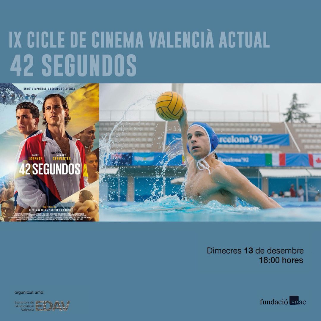 Nou cicle amb el millor cinema valencià actual 🔸🔸
Pròxim dimecres podrem gaudir de 42 segundos, la pel·lícula amb guió del nostre soci, Carlos Franco, que ens conta la història de l'equip de Waterpolo a les olimpíades de Barcelona 92.

📆 <a href="/fundacionsgae/">PAlHl</a> de València
⏰ 18h
#EDAV