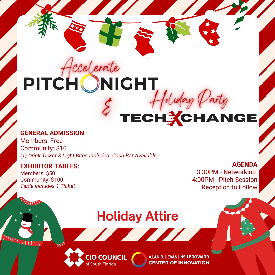 Elevate your startup at our Holiday Party with the CIO Council of South Florida! Network, pitch &amp; celebrate at our event. Grab an expo table &amp; join the festive innovation! Dec 12. RSVP: bit.ly/techxholiday #TechNetworking #StartupShowcase #LevanCenter #InnovateWithUs