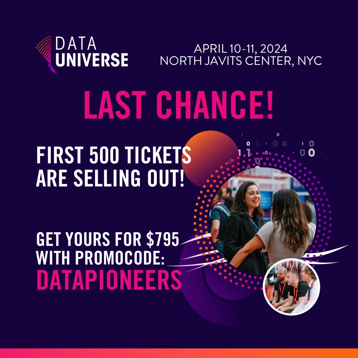⏰ Time is running out on this offer! Grab your ticket to #DataUniverse2024 with code DATAPIONEERS at checkout. Join 250+ #data & #AI experts in #NYC on April 10-11, 2024 for groundbreaking content, networking & demos of cutting-edge data & AI products. bit.ly/3t3IylP