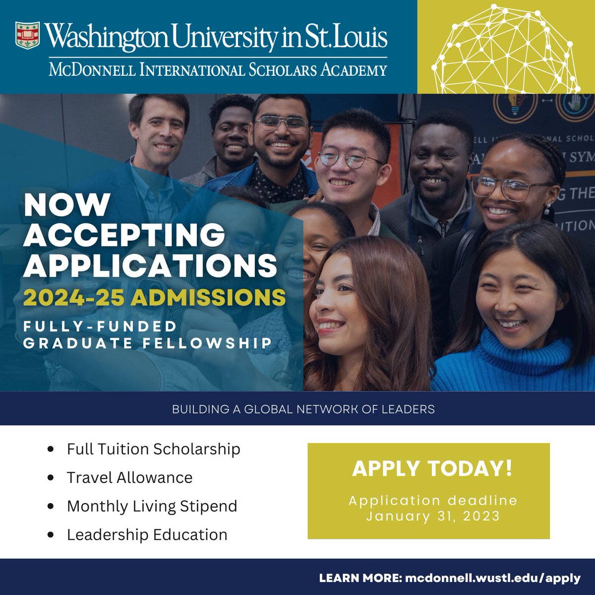Now accepting applications!  Be a part of our growing community of emerging leaders from across disciplines and cultures.  Funding, support, and mentorship while pursuing graduate studies at Washington University in St. Louis. Apply by Jan 31, 2024 ➡️ bit.ly/31QN9Kl