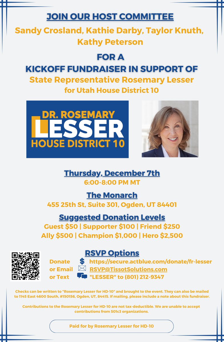 RepLesser's tweet image. My campaign kickoff for House District 10 is coming up THIS Thursday!
The event will be held at The Monarch from 6:00 to 8:00 pm MT.
Will you join us and help get my campaign started?
You can RSVP here: secure.actblue.com/donate/fr-less…