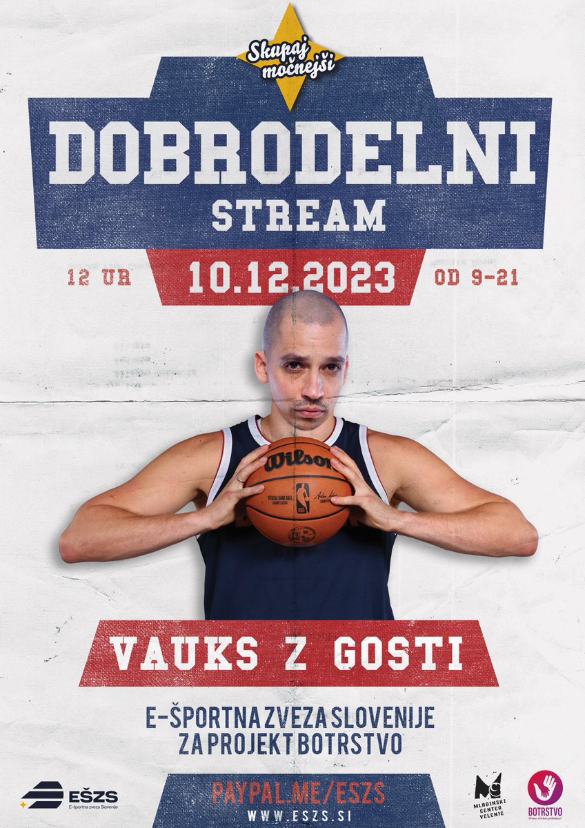 Ob 9h v nedeljo, 10. 12. se začenja 3. dobrodelni stream »Skupaj močnejši« z Janom Vaukmanom – Vauksom. 
Dobrodelni dogodek bo trajal 12 ur.
Letošnji izkupiček bomo namenili projektu Botrstvo.

Več o dogodku na naši spletni strani:
eszs.si/?lang_id=1&pag…

<a href="/Botrstvo/">Botrstvo v Sloveniji</a>