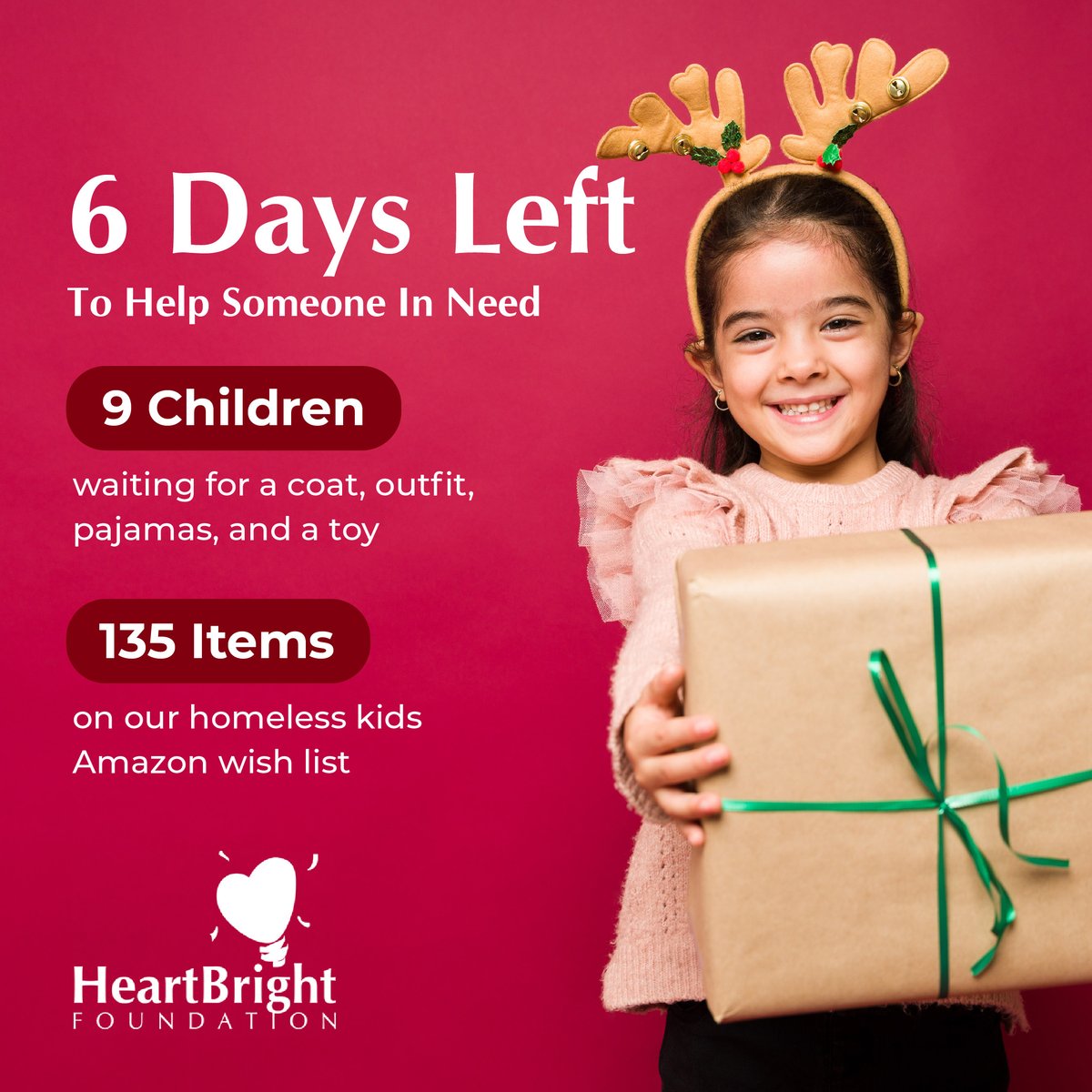 HeartBright's tweet photo. 📣 Only 6 more days to donate 📣 

With just 6 days left to donate, we still have 9 children in need of gifts and over 135 items left on our Amazon wishlist. 

For more information: https://t.co/bVJeG6WLVV
Order on Amazon:https://t.co/33izmt5BXE
#HolidayGiving #SpreadJoy #Giving https://t.co/bCH5unSajv