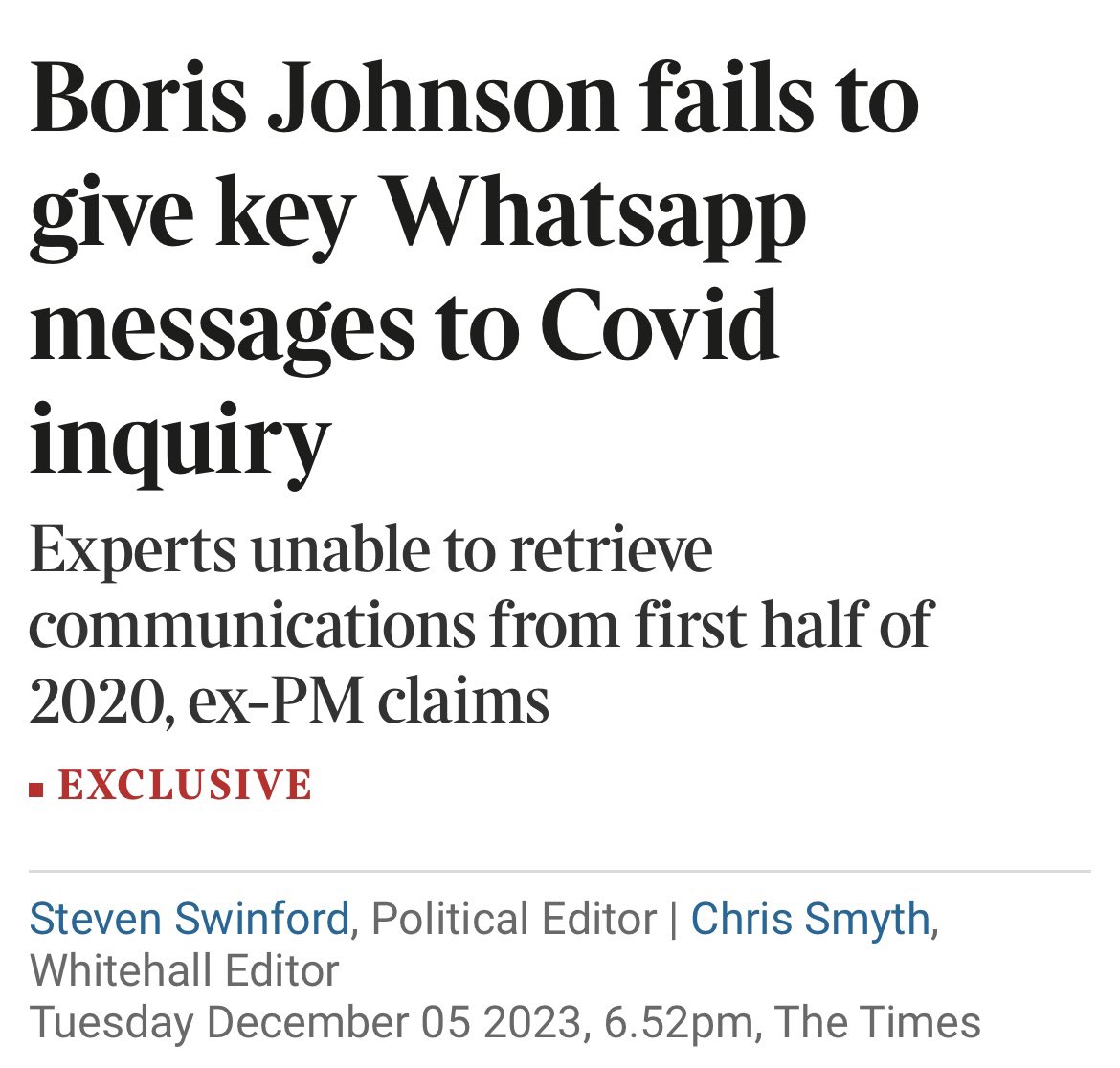 So @BorisJohnson has indeed refused to hand over a single WhatsApp from 31 Jan - 7 Jun 2020 - and expects us to be believe he didn’t delete them but was somehow “unable to retrieve” them. Excellent start for his two days of unimpeachably honest testimony tomorrow morning.