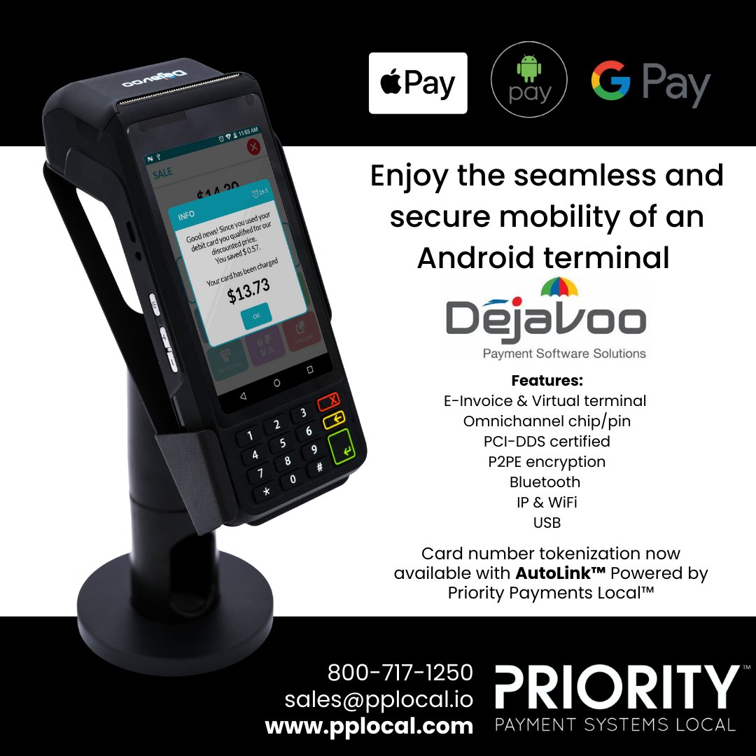 PPSLocal's tweet image. Transforming transactions with the power of Dejavoo! 💳✨ Say hello to seamless and secure payments. Contact our sales team at sales@pplocal.io or call 800-717-1250 to learn more! #paymentprocessing #androidterminal #merchantservices