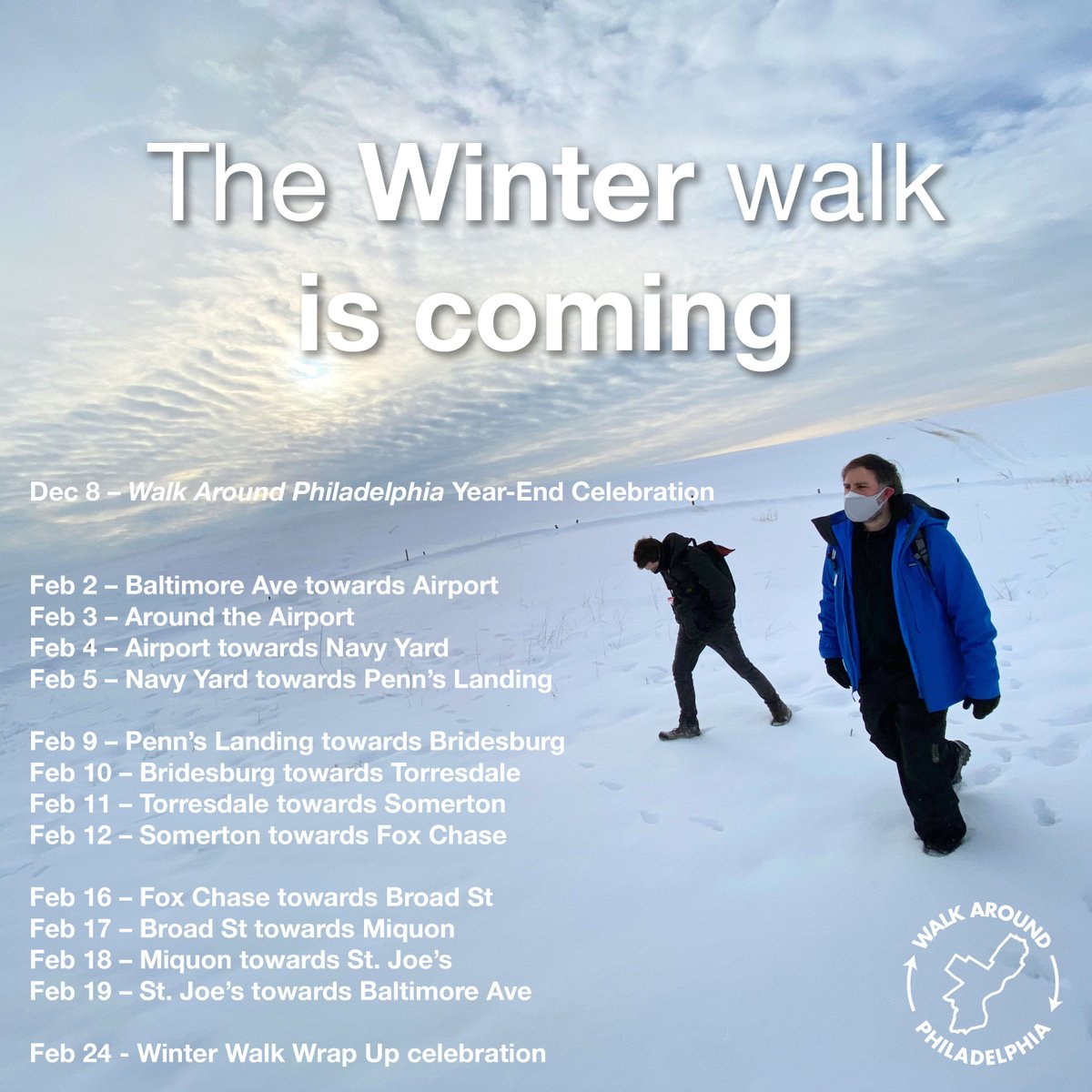 WalkAroundPhila's tweet photo. Hey #Philly – mark your calendars for the next perimeter walk adventure trek around the entire perimeter of #Philadelphia. 

Registration opens Dec 16. 

If you're free this Friday, you're invited to our Year-End Celebrationin #westphilly 🔥🎉

RSVP at https://t.co/M3bGOVbVnt https://t.co/sdJHxPHl91