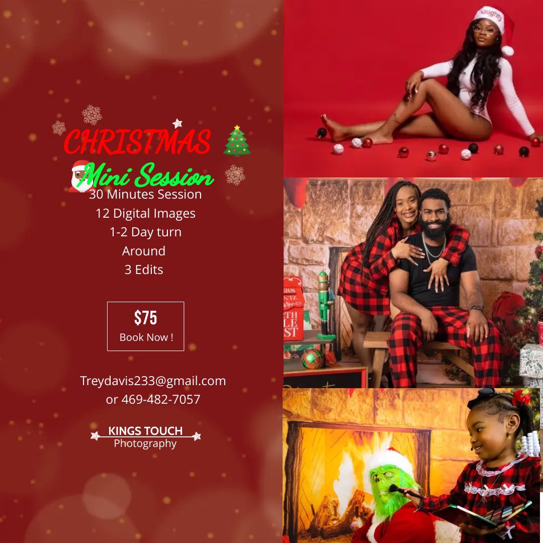 GottiTrevon's tweet photo. "Capture your special moments with “KingsTouch “ professional photography services! 📸 Whether it's a wedding, 👰🏾‍♀️💍Holiday’s, 🎄🎅🏾family portrait, or a fun photoshoot, I've got you covered. Book now to preserve your memories forever! DM me for availability and pricing. https://t.co/FlVKyJOgFF