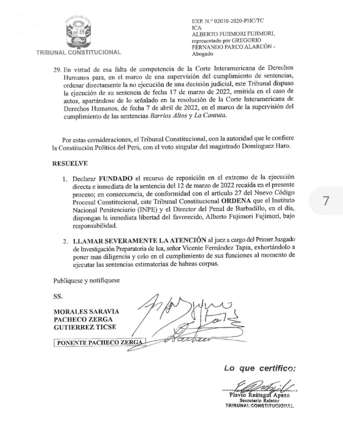 Tribunal Constitucional: ordena liberación inmediata de Alberto Fujimori