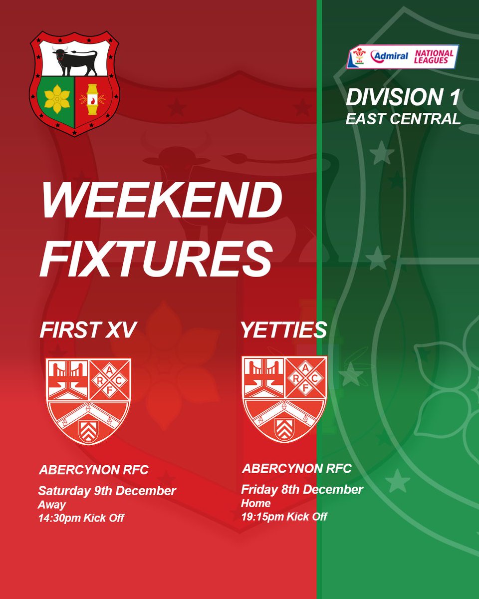 This Weekends fixtures:

Both Senior teams take on local rivals <a href="/AbercynonRFC/">Abercynon RFC</a> 

First XV - Away - Saturday 9th
14.30pm KO - Div 1 East

Yetties - Home - Friday 8th
19.15pm KO - Friendly

#followthebwl #bwlrugby