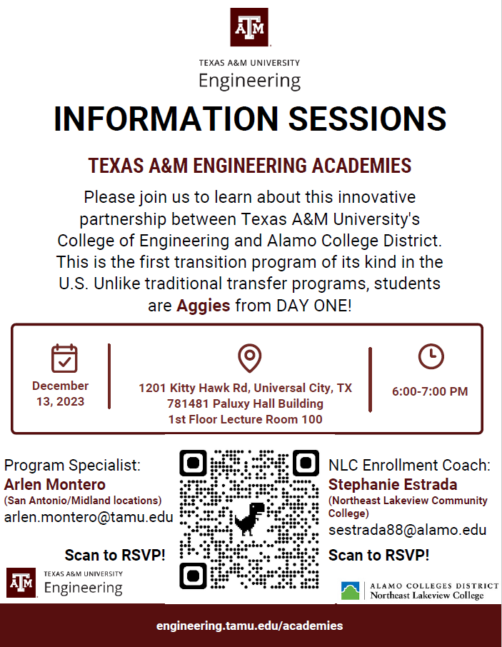 Interested in an engineering degree from Texas A&amp;M, but wanting to start out a little closer to home?  The TAMU Engineering Academy at Northeast Lakeview College in San Antonio may be a good fit for you!  Learn more...