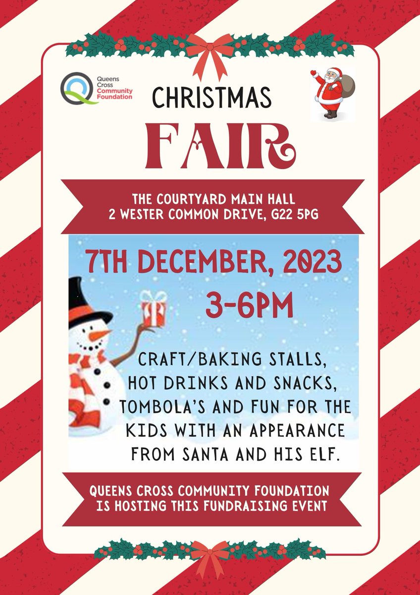 Just 2️⃣ days to go until the Queens Cross Community Foundation Christmas Fair!

Enjoy craft stalls, homemade baking, hot drinks and snacks, a tombola, fun games for the kids and a visit from Santa 🥧🎅

📍 Thursday 7 December, 3-6pm, The Courtyard main hall, 2 Westercommon Drive